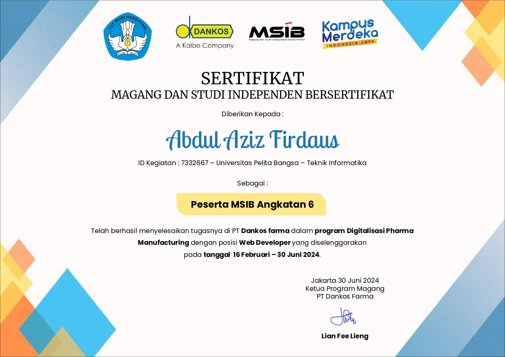 Sertifikat Kampus Merdeka Magang - Web Developer